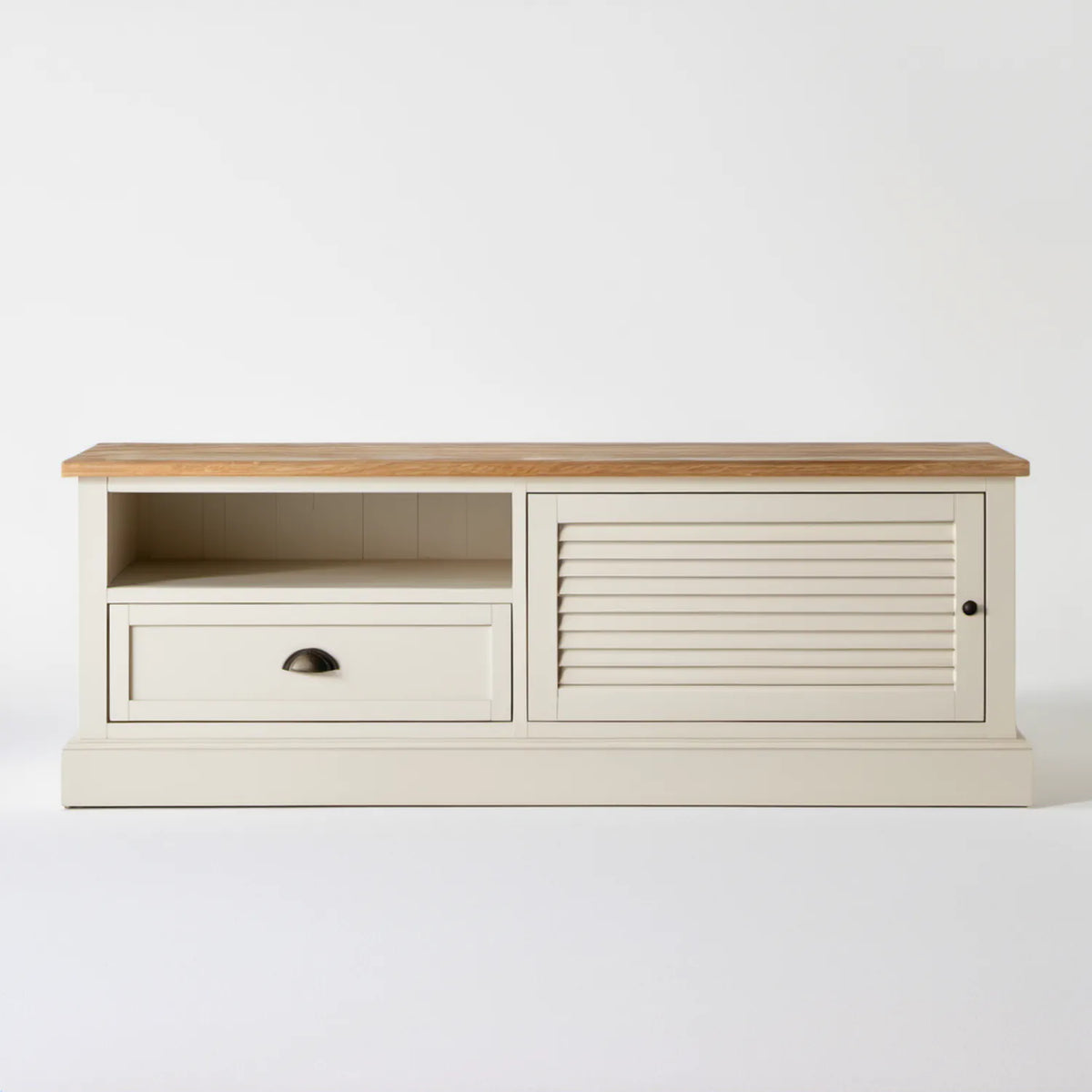 Kremowa szafka RTV z blatem w dekorze dębu 120 x 40 x 55 cm, MDF