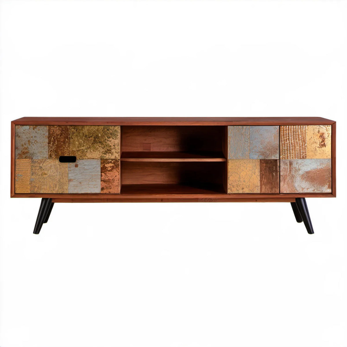 Szafka RTV z drewna mango z 2 drzwiami przesuwnymi, 160 x 40 x 55 cm, Brązowa/Beżowa/Złota/Szara/Czerwona/Czarna