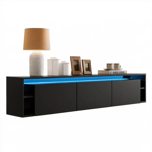 Czarna matowa szafka RTV 3-drzwiowa z niebieskim oświetleniem LED, 200 × 40 × 45 cm