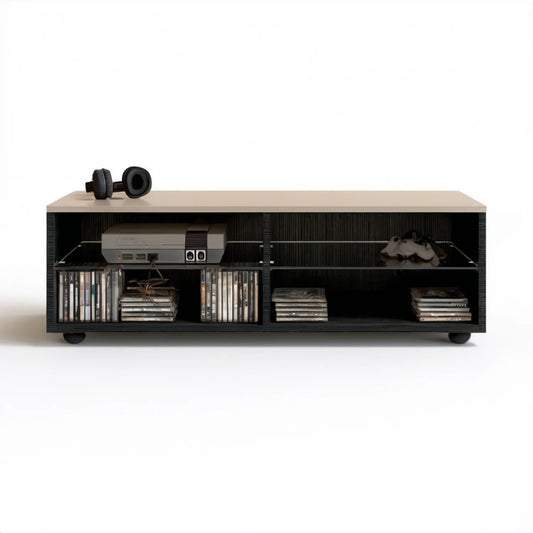 Szafka RTV czarno-beżowa 150 x 40 x 50 cm z laminowanej płyty MDF