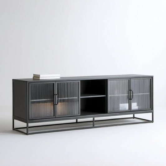 Czarna szafka RTV industrialna 180 x 40 x 60 cm z ryflowanym szkłem hartowanym